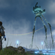 Sam Bridges is carrying a heavy case on his back, staring up at a tripod structure, with an upside-down rainbow in the background.